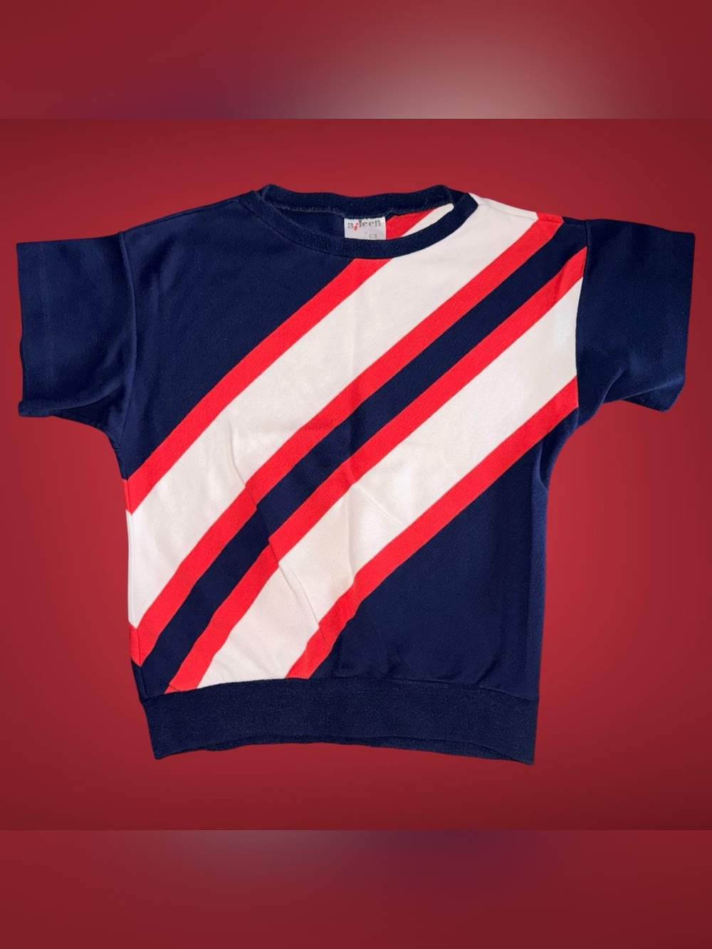 Vintage 1980s Aileen Short-Sleeve Colorblock Diagonal Stripe Sweatshirt Top M